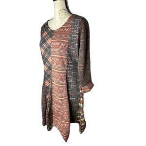 Sacred Threads Long Sleeve Dress Muted Mixed Print Zig Zag Hemline Size Medium